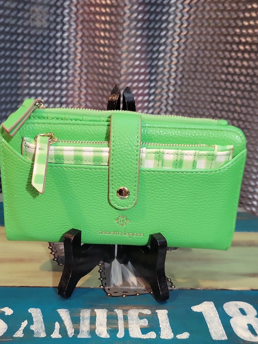 Nanette Lepore Bright Green Zip Wallet with Plaid Accent